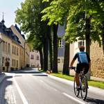 A cyclist in Luxembourg, fully equipped with lights, reflectors, and a bell, riding safely on a dedicated bike path.  The background shows a quaint Luxembourg village street.  Focus on safety and adherence to regulations.