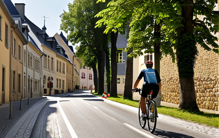 A cyclist in Luxembourg, fully equipped with lights, reflectors, and a bell, riding safely on a dedicated bike path.  The background shows a quaint Luxembourg village street.  Focus on safety and adherence to regulations.